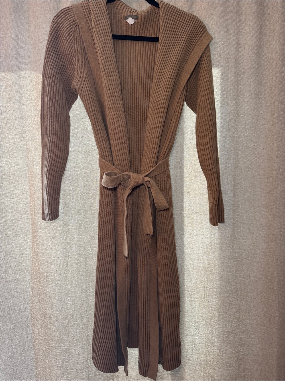 100% Cotton J. Crew Long Ribbed Belted Knit Cardigan Duster Tan Autumn Fall